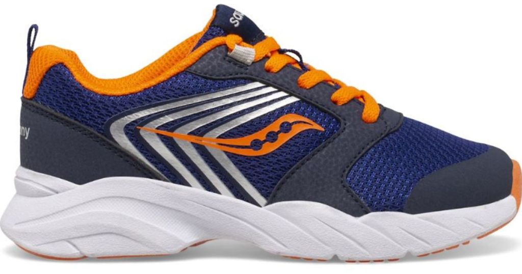 blue and orange and gray saucony kids shoe