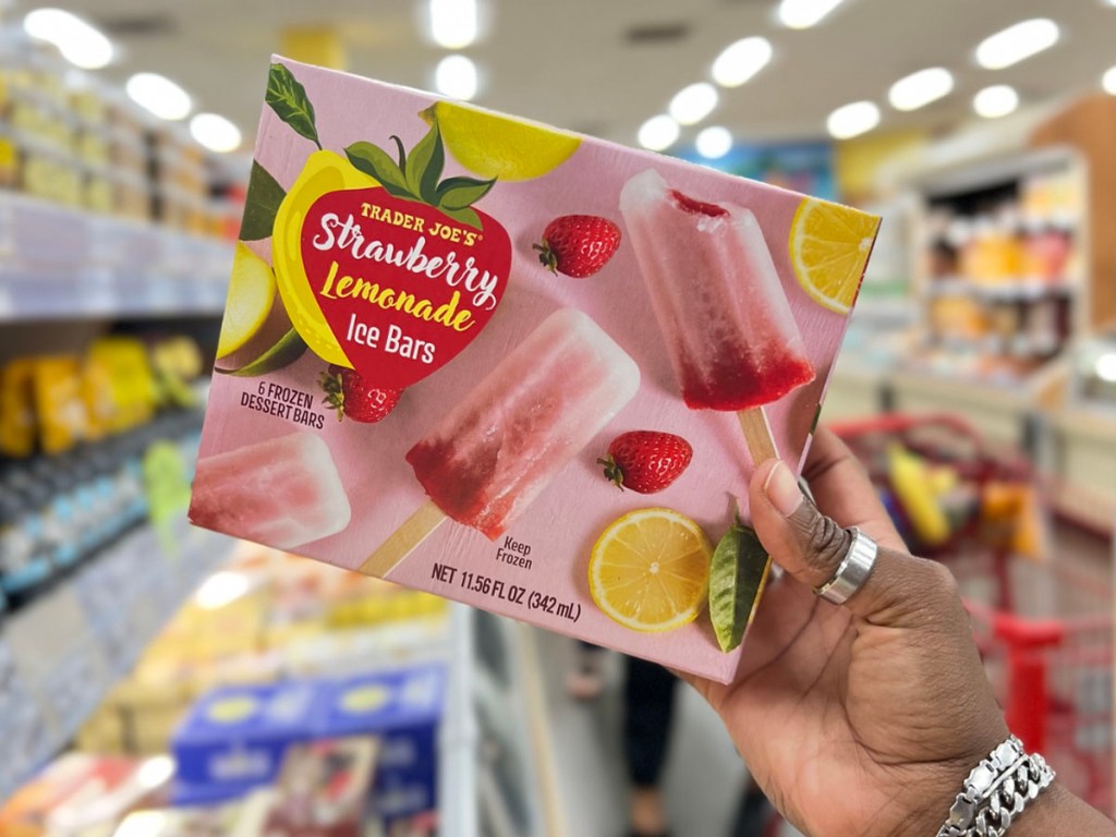 hand holding strawberry lemonade bars in trader joes