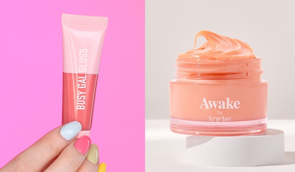 lip gloss in hand and lip mask