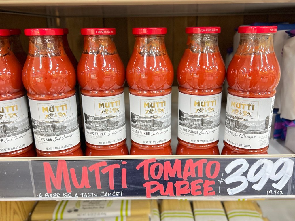 mutti tomato puree on shelf in trader joes