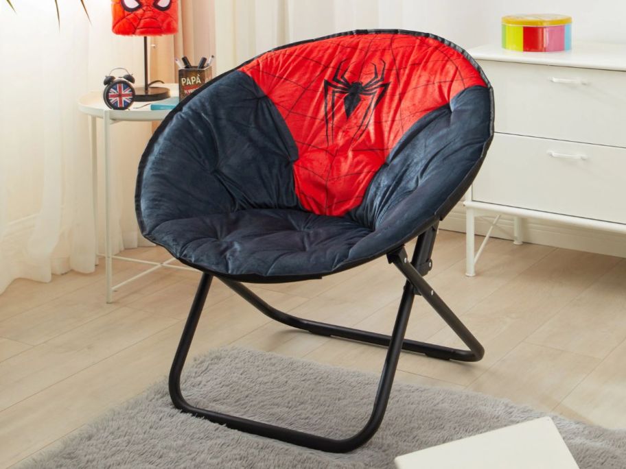 black and red Spiderman large saucer chair in a bedroom