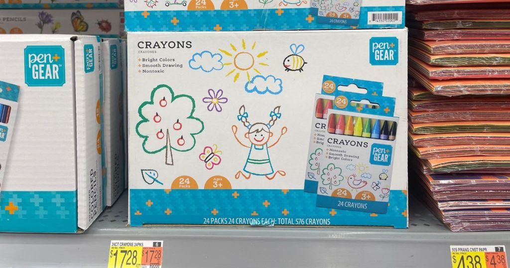 Pen+Gear Crayons 24-Packs of 24 Count Crayon Boxes at Walmart on shelf