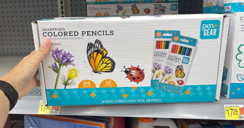 Pen+Gear Sharpened Colored Pencils 24-Packs of 12 Count Colored Pencils on shelf at Walmart