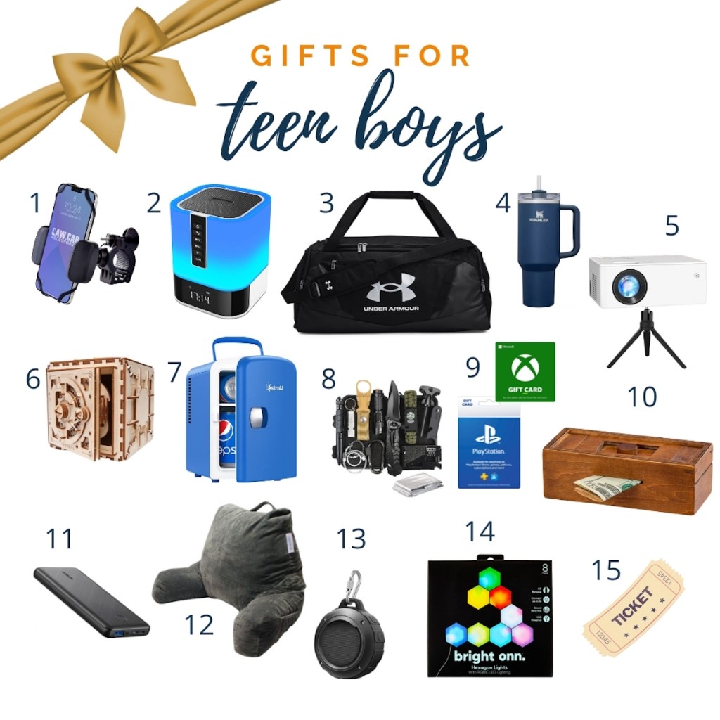 gift for teen boys gift guide graphic with numbered stock photos of gift ideas