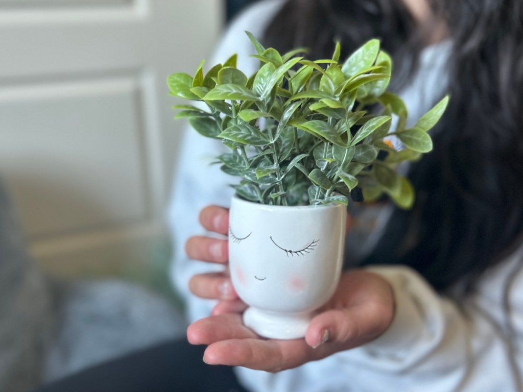 girl holding artificial plant with smiley face