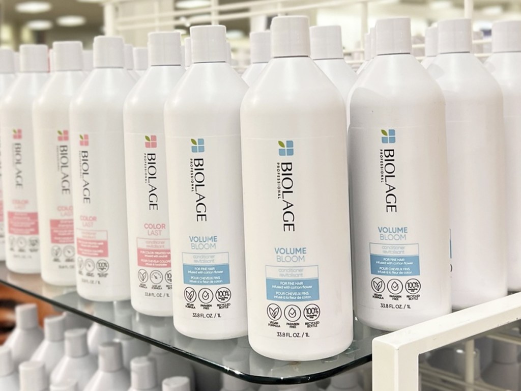 1 liter bottles of biolage shampoo & conditioner on shelves