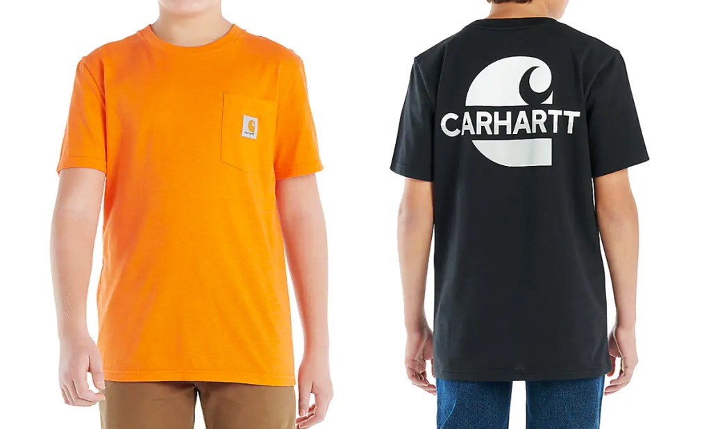 two boys in orange and black carhartt tees