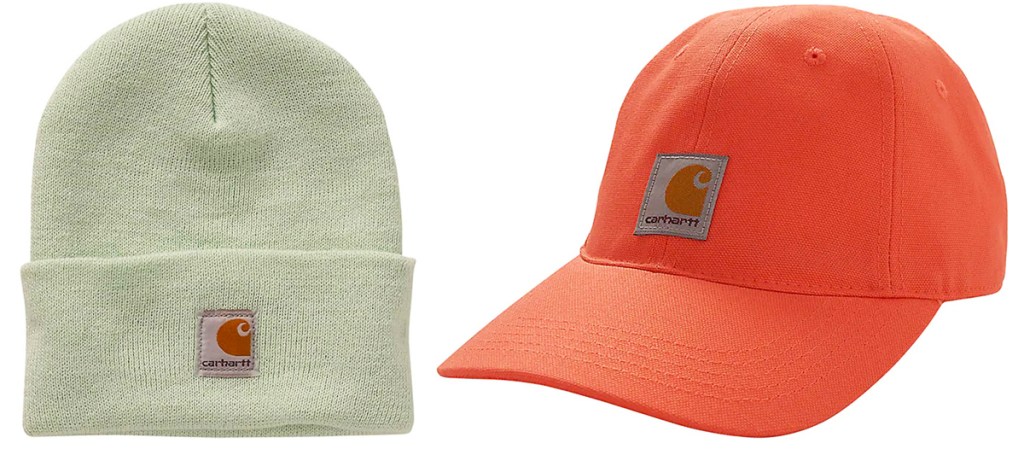 light green beanie and orange carhartt hat
