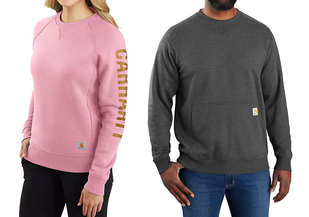 woman and man in pink and grey crewneck sweatshirts