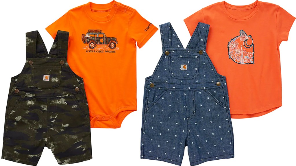 two orange shirt and overalls sets