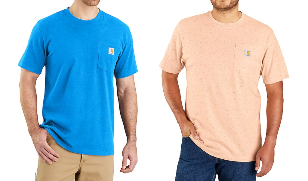 two men in blue and light orange carhartt tees