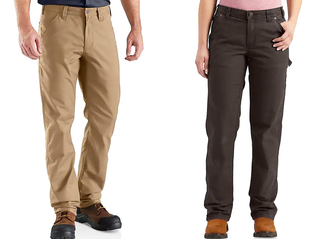 man and woman in carhartt works pants
