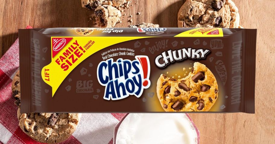 A bag of Chips Ahoy Chunky cookies with milk