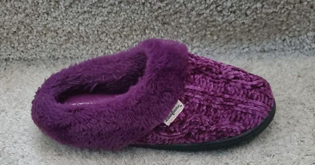 purple dearfoams slippers on stair