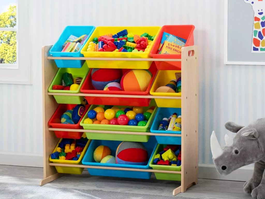 toy storage organizer with colorful plastic bins