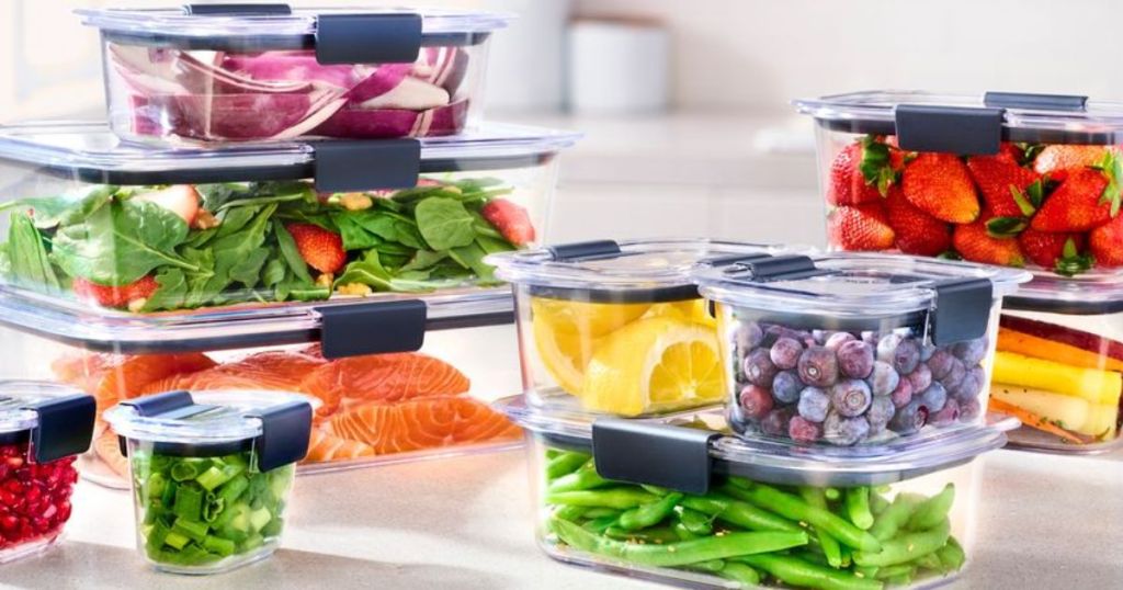 Rubbermaid Brilliance BPA Free Food Storage Containers with Lids, Airtight, for Lunch, Meal Prep, and Leftovers, Set of 12 shown with food inside
