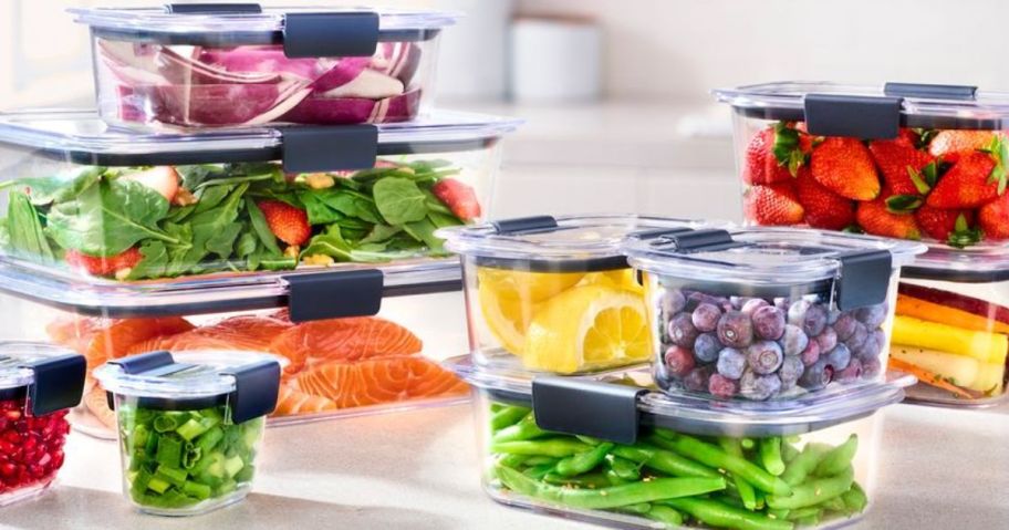 Rubbermaid Brilliance BPA Free Food Storage Containers with Lids, Airtight, for Lunch, Meal Prep, and Leftovers, Set of 12 shown with food inside