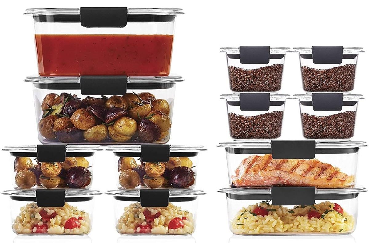 Rubbermaid Brilliance Food Storage 12-Piece Set shown stacked with food inside