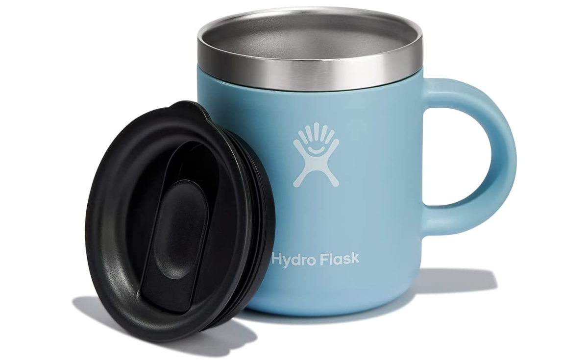 A stainless steel Hydro Flask mug in the color rain