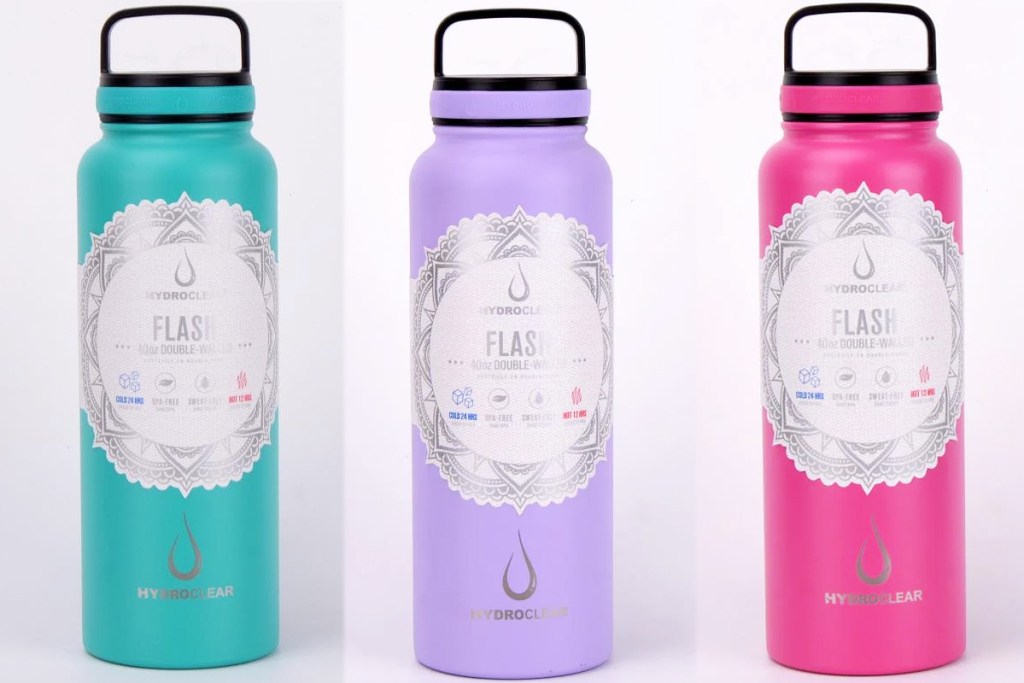 teal, purple, and pink water bottles
