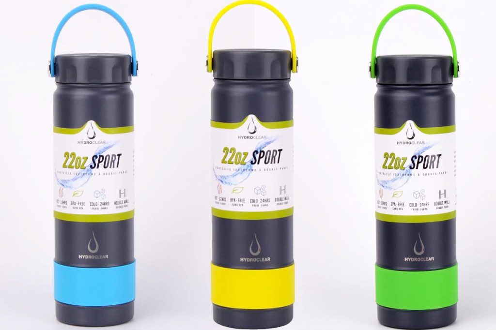 blue, yellow, and green Hydroclear Sports Bottles