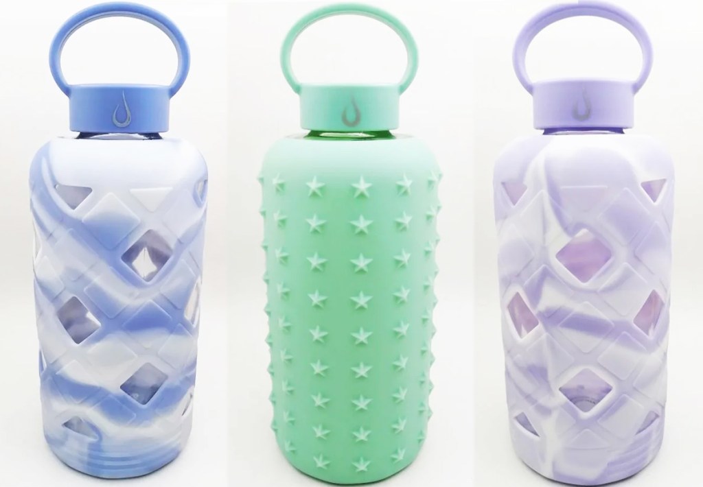 blue, green, and purple water bottles