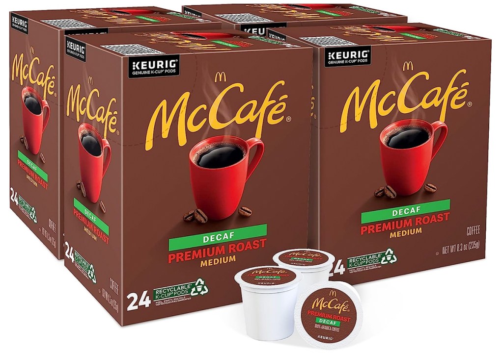 four boxes of McCafe Decaf K-Cups