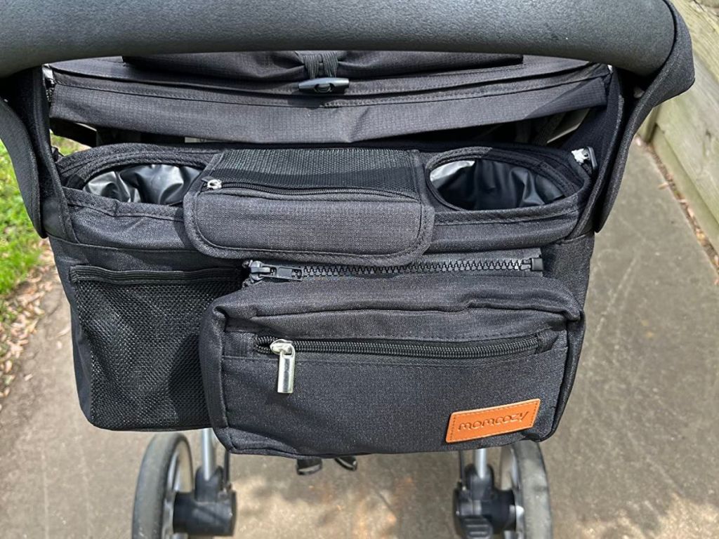 Stroller organizer on the back of a stroller