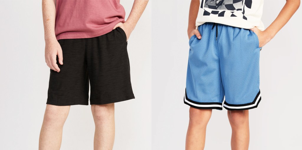 two boys in black and blue shorts