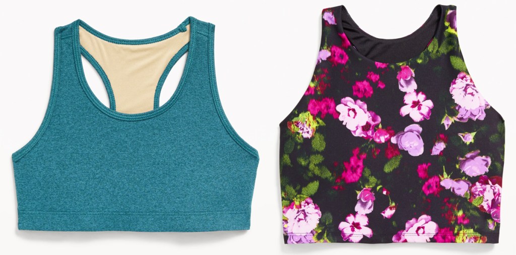 teal and black and pink floral print sports bras