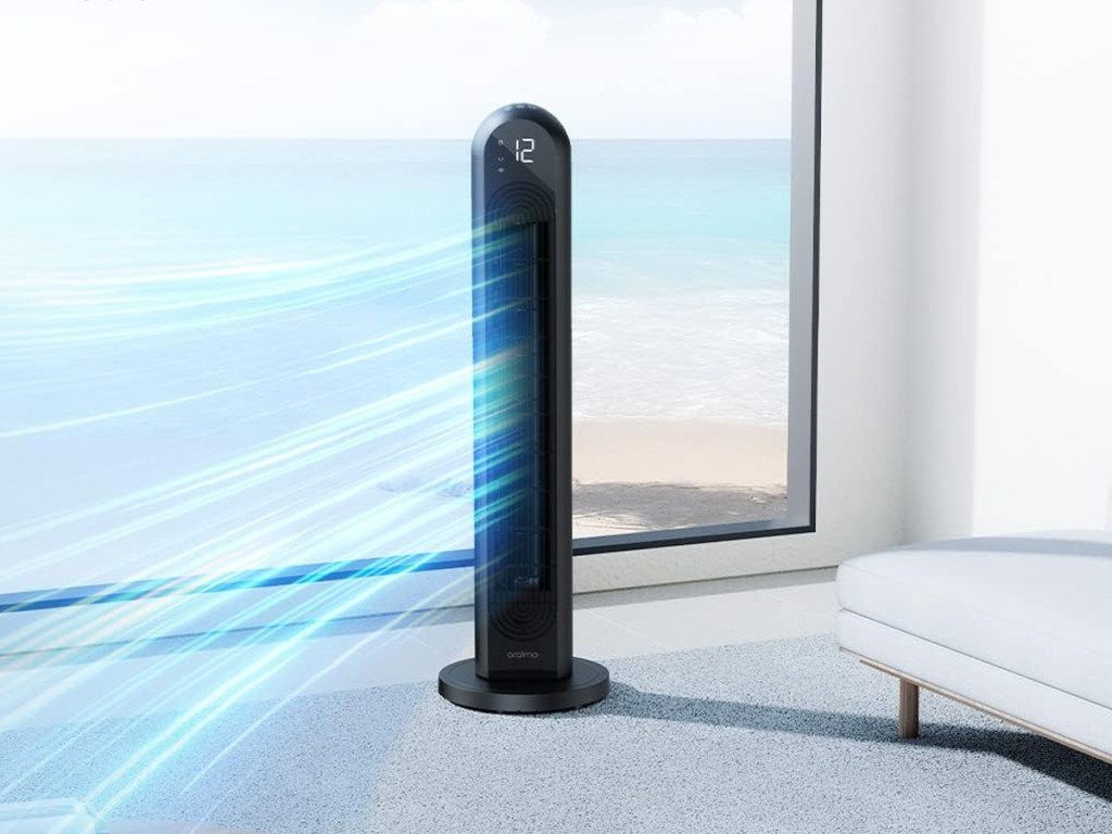 black tower fan with blue "wind" coming out from it
