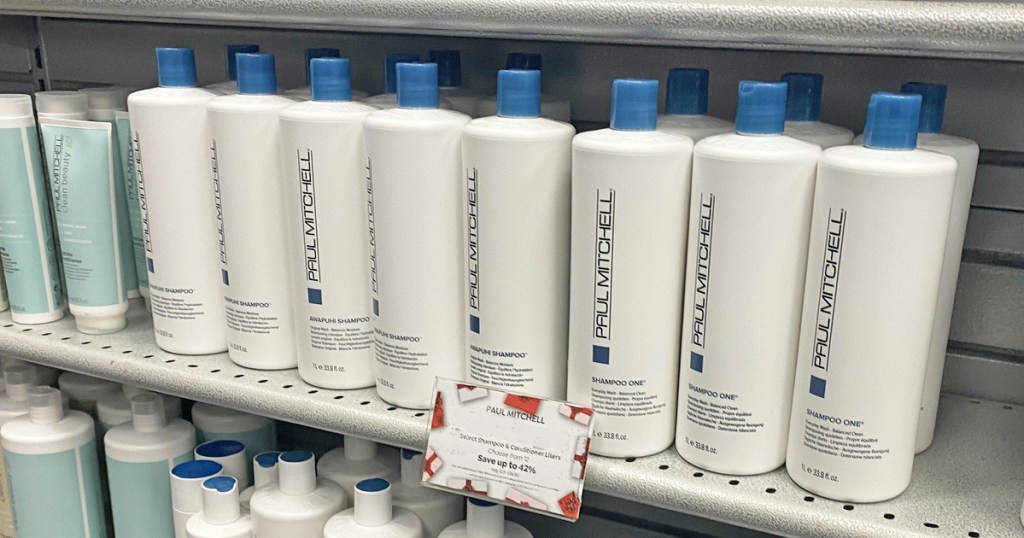 Paul Mitchell shampoo liters on store shelf