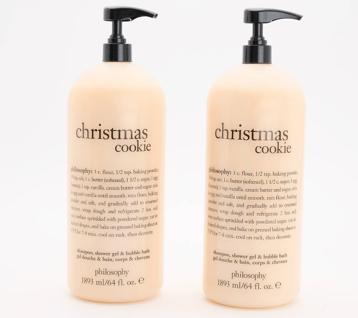 Two 64 oz. Philosophy Shower Gel Bottles in the scent Christmas Cookie that is discounted thanks to a QVC promo code for 2023