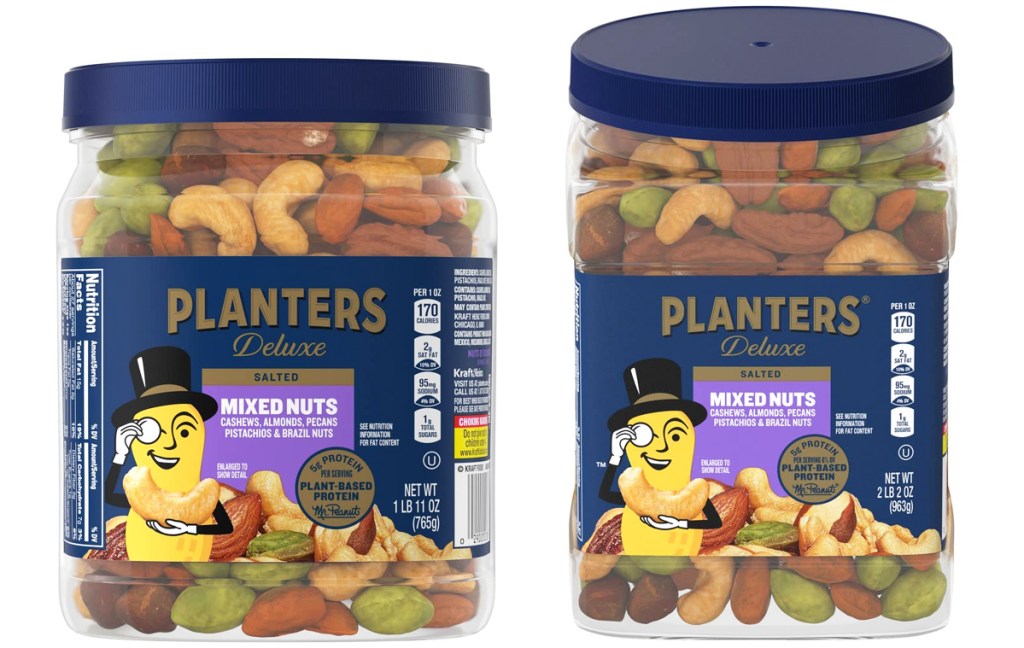 two containers of Planters Deluxe Salted Mixed Nuts