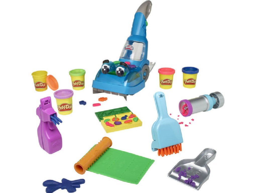 Play-Doh Zoom Zoom Toy Vacuum and Cleanup Toy with all tools being used and displayed