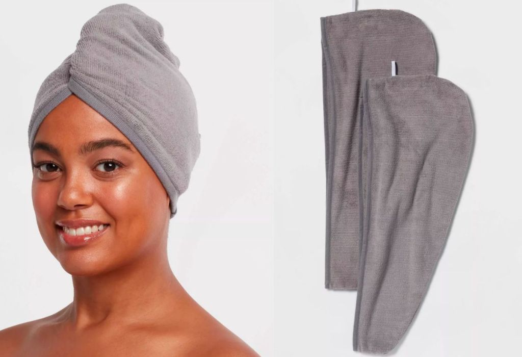 Room Essentials 2pk Bath Hair Wrap Set gray