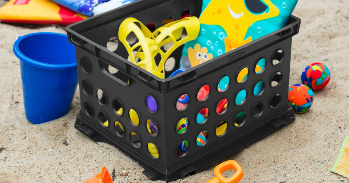 Sterilite file crate filled with kids sandbox toys