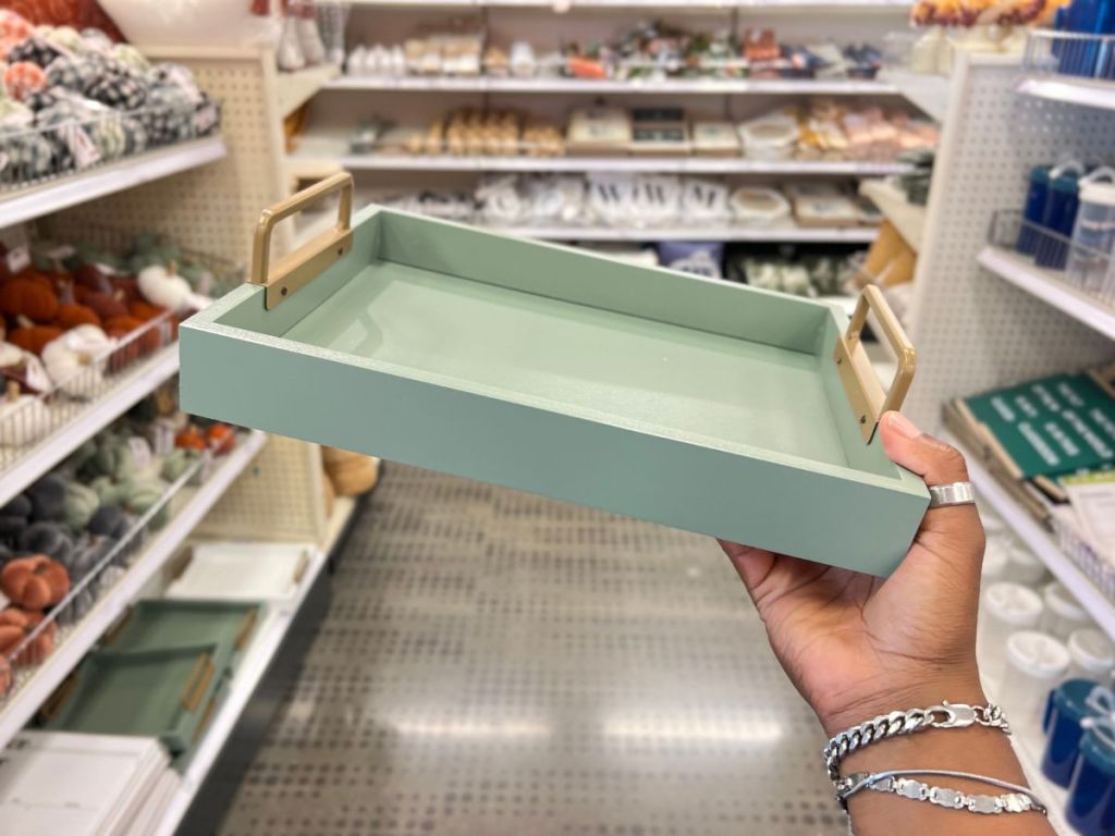 Green Wooden Serving Tray with Gold Handles at Target