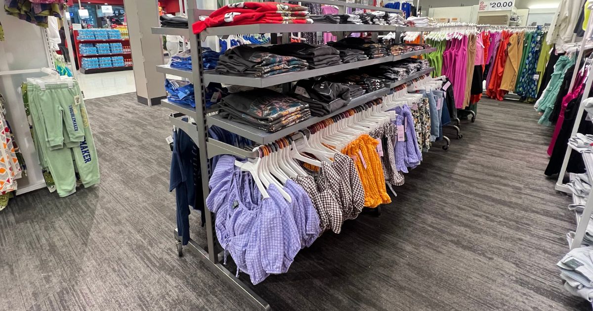 Target women's clothing on racks in a Target store