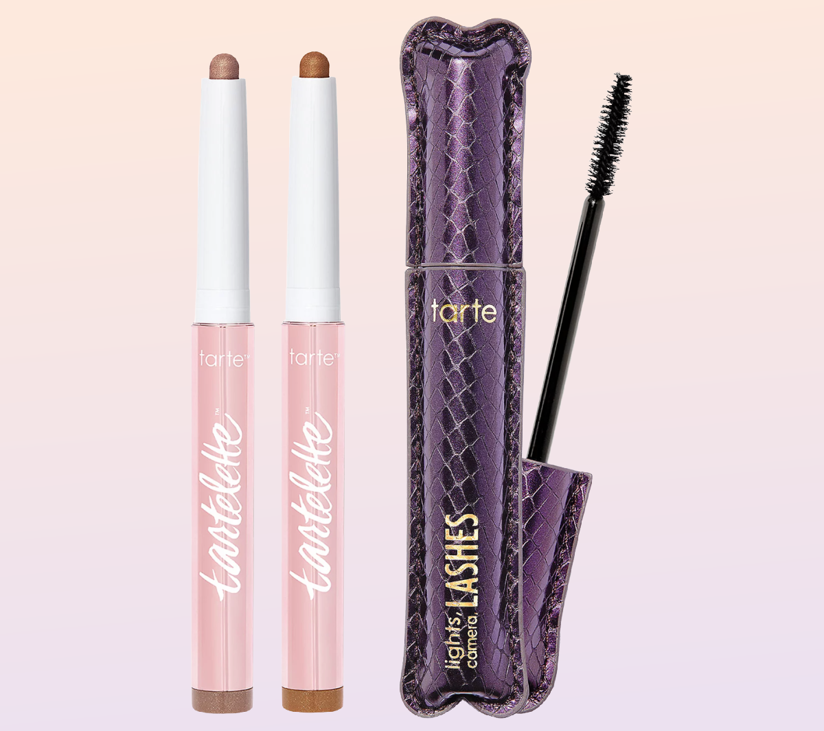 The Tarte Cosmetics Lights, Camera, Lashes Mascara and Shadow Sticks Kit that you can buy at a discount with our QVC promo code for July 2023