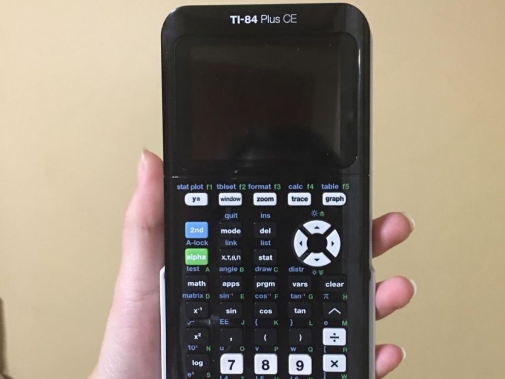 Hand holding a Texas Instruments Graphing Calculator