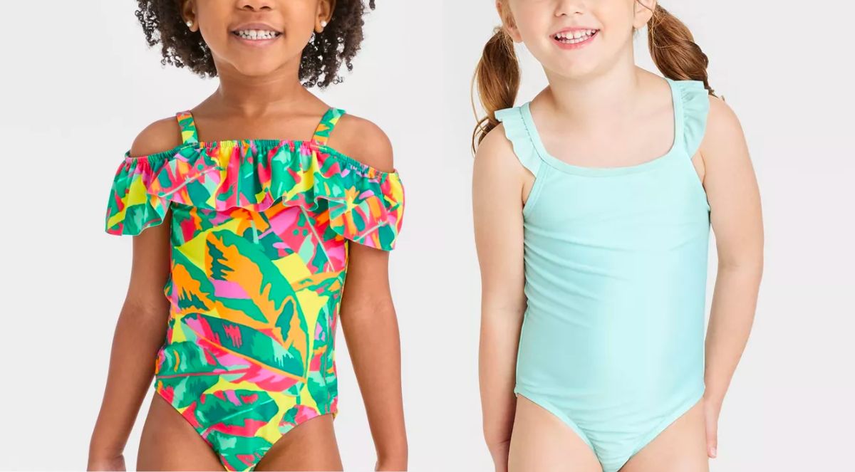 two girls wearing Toddler Girls one piece swim suits