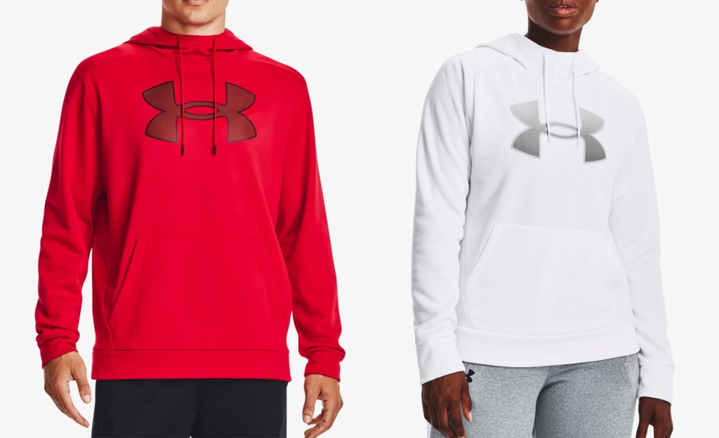 man and woman in red and white under armour hoodies