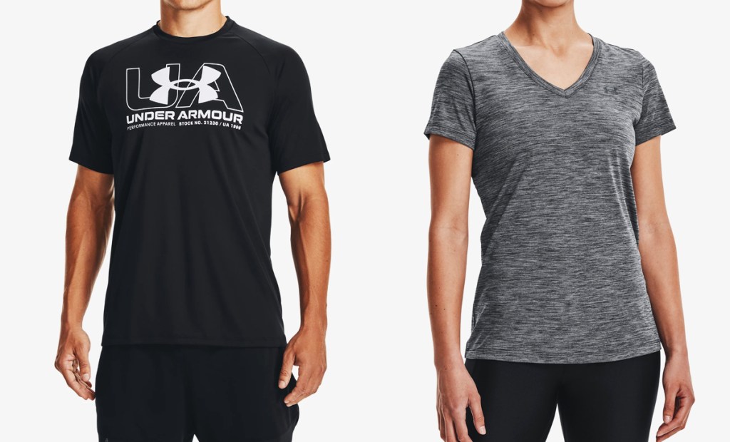 man and woman in under armour tops