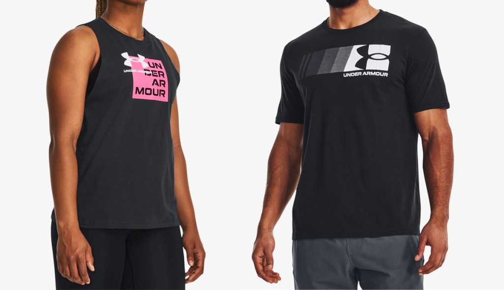 woman in black and pink tank top and man in black graphic tee