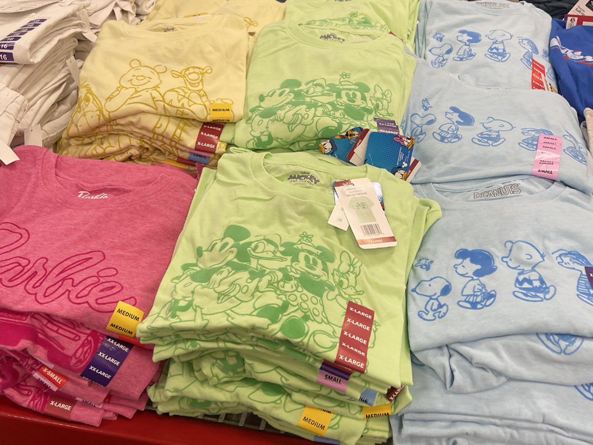 barbie, mickey, and snoopy tees 