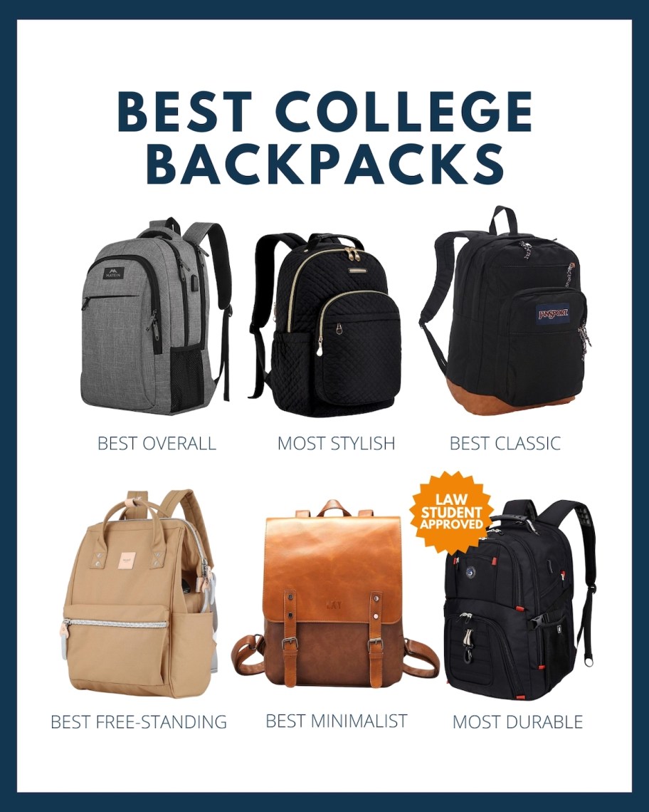 collage graphic of the best college backpacks