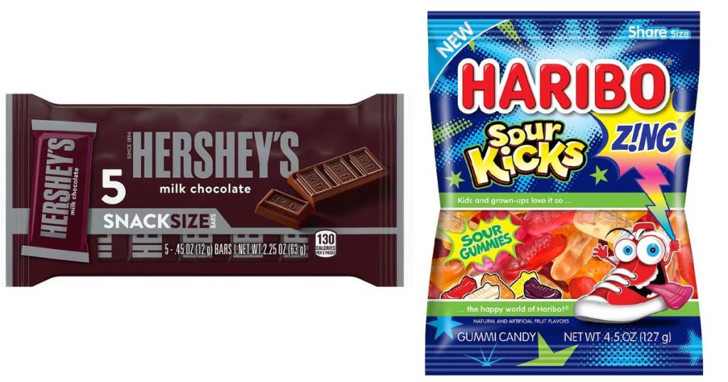 Hershey's milk chocolate snack size 5-pack and bag haribo sour kicks 