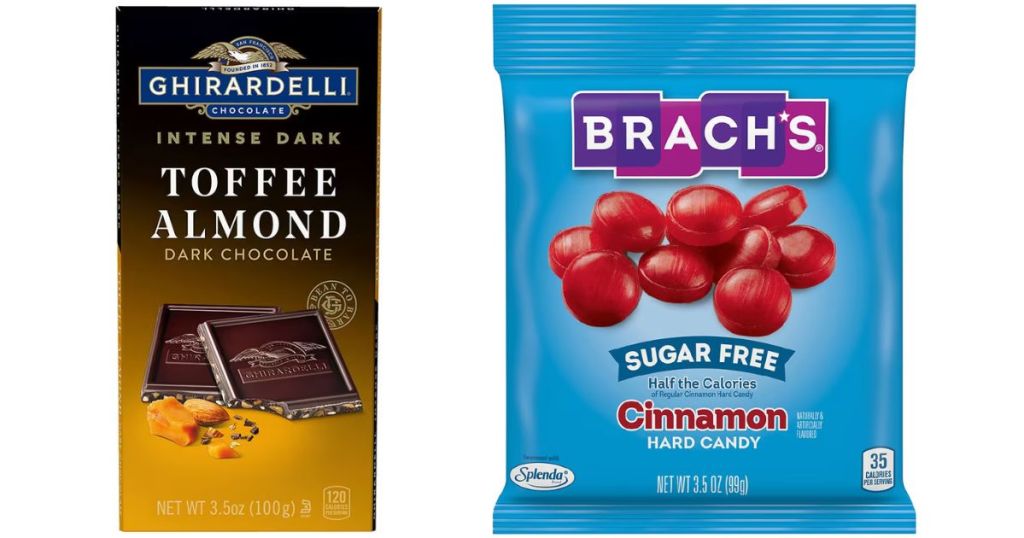 Ghirardelli toffee almond bar and bag of brachs sugar free cinnamon hard candy