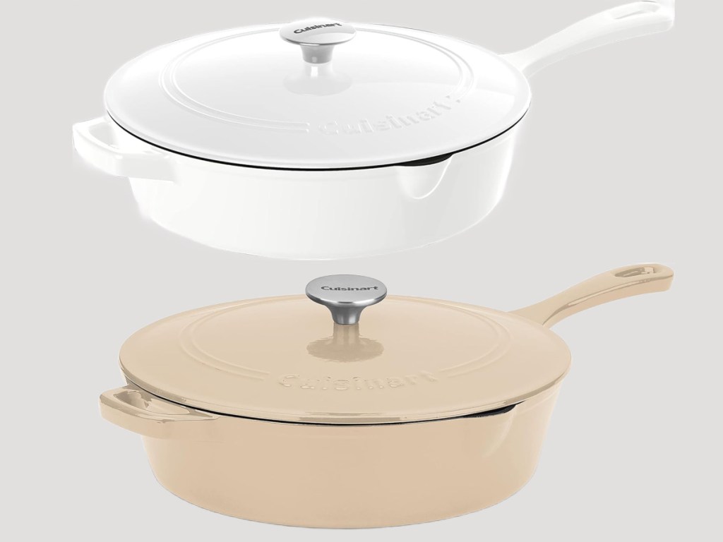 cast iron cookware in white and tan